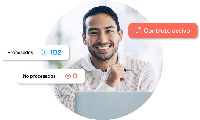Vista del módulo de contratos en Mandü, mostrando datos de contratos procesados, no procesados y estado activo